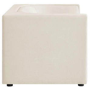 Natalia Alabaster Velvet Fabric Loveseat Beige cube ottoman on a white background