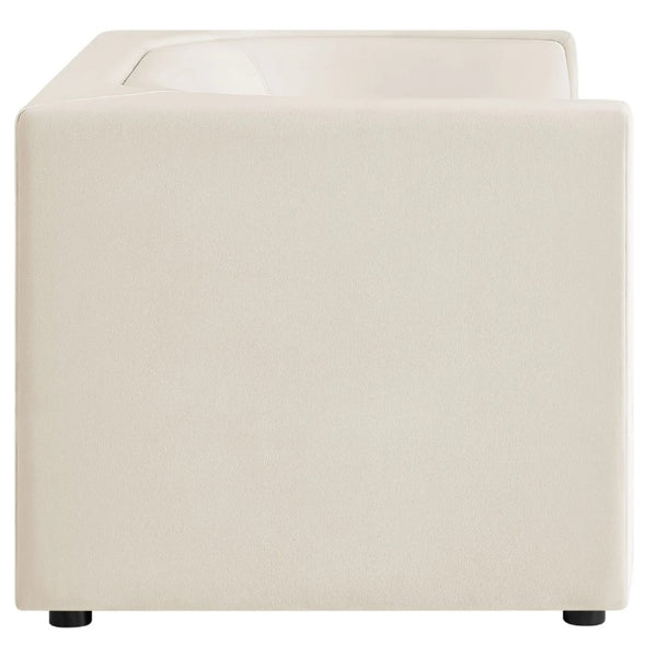 Natalia Alabaster Velvet Fabric Loveseat Beige cube ottoman on a white background