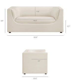 Natalia Alabaster Velvet Fabric Loveseat Beige sofa with dimensions labeled on a white background