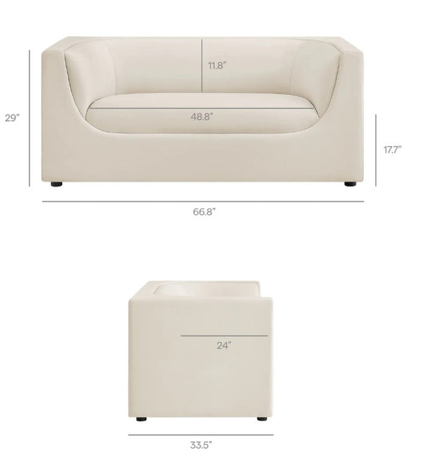 Natalia Alabaster Velvet Fabric Loveseat Beige sofa with dimensions labeled on a white background