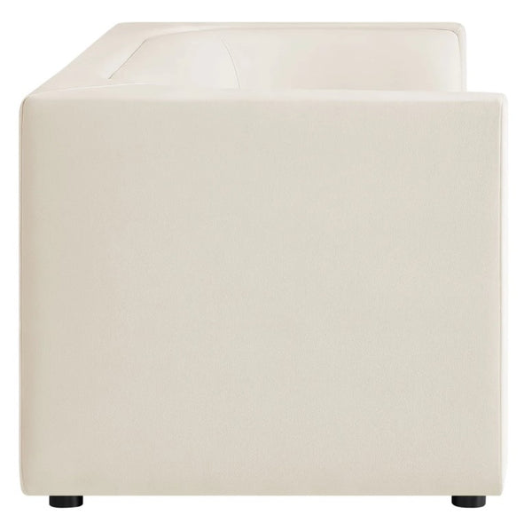 Natalia Alabaster Taupe Velvet Fabric Sofa Beige cube-shaped ottoman on a white background