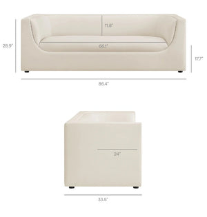 Natalia Alabaster Taupe Velvet Fabric Sofa Beige sofa with dimensions labeled on a white background