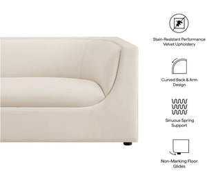 Natalia Alabaster Taupe Velvet Fabric Sofa Beige sofa with text highlighting features on a white background