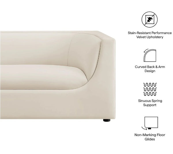Natalia Alabaster Taupe Velvet Fabric Sofa Beige sofa with text highlighting features on a white background