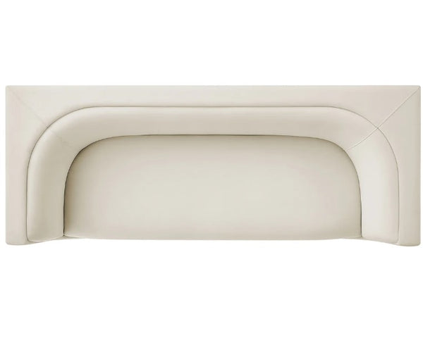 Natalia Alabaster Taupe Velvet Fabric Sofa Beige upholstered headboard on a white background