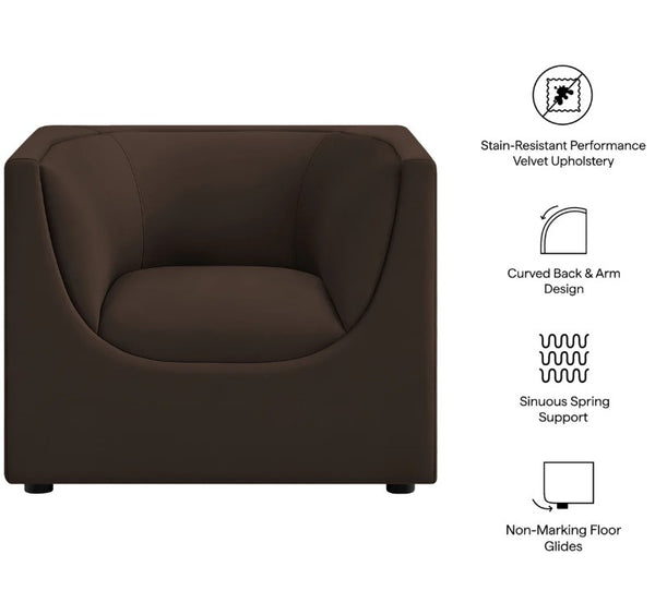 Natalia Chocolate Brown Velvet Fabric Chair Brown armchair with features listed on a white background