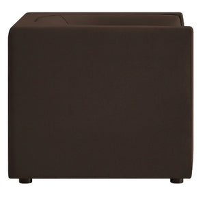Natalia Chocolate Brown Velvet Fabric Chair Brown cube-shaped ottoman on a white background