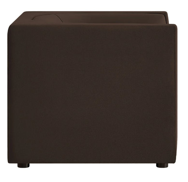 Natalia Chocolate Brown Velvet Fabric Chair Brown cube-shaped ottoman on a white background