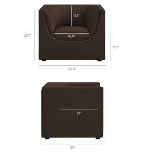Natalia Chocolate Brown Velvet Fabric Chair Brown armchair with dimensions labeled on a white background