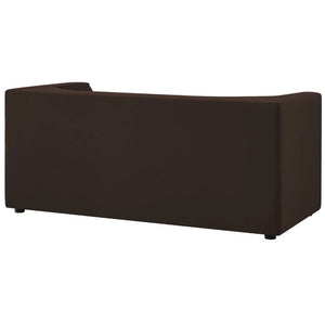 Natalia Chocolate Brown Velvet Fabric Loveseat Dark brown curved sofa on a white background