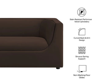 Natalia Chocolate Brown Velvet Fabric Loveseat Brown sofa with features listed on a white background