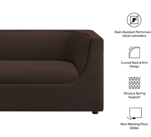 Natalia Chocolate Brown Velvet Fabric Loveseat Brown sofa with features listed on a white background