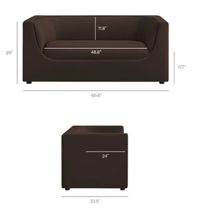 Natalia Chocolate Brown Velvet Fabric Loveseat Brown sofa and ottoman with dimensions on a white background