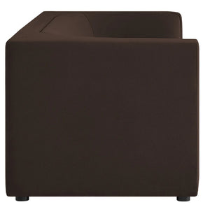 Natalia Chocolate Brown Velvet Fabric Sofa Brown cube-shaped chair on a white background