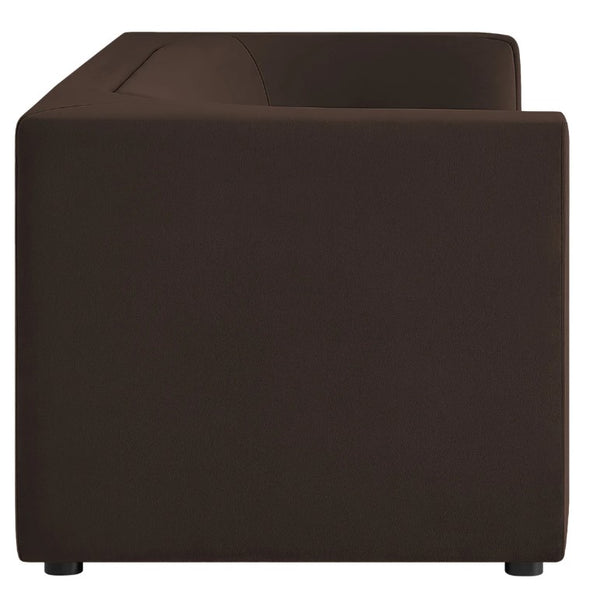 Natalia Chocolate Brown Velvet Fabric Sofa Brown cube-shaped chair on a white background