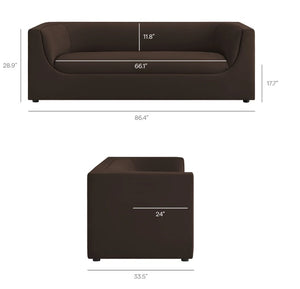 Natalia Chocolate Brown Velvet Fabric Sofa Brown sofa with dimensions labeled on a white background