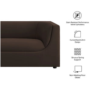 Natalia Chocolate Brown Velvet Fabric Sofa Brown corner sofa with features listed on a white background