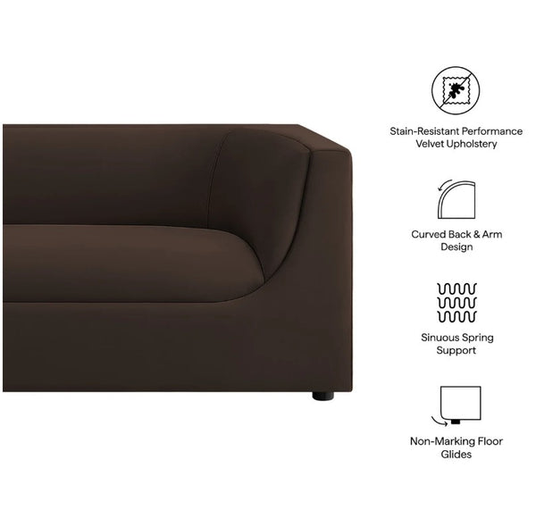 Natalia Chocolate Brown Velvet Fabric Sofa Brown corner sofa with features listed on a white background