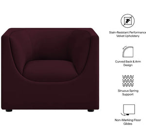Natalia Mulberry Velvet Fabric Chair Maroon armchair with features listed on a white background