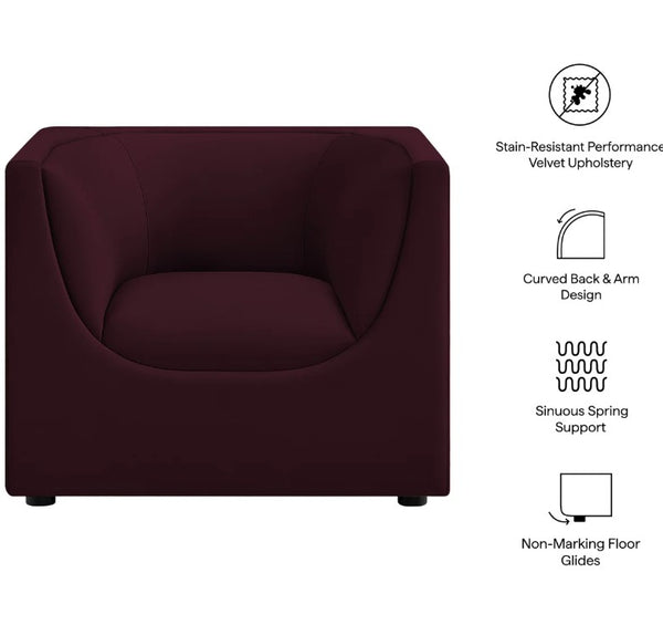 Natalia Mulberry Velvet Fabric Chair Maroon armchair with features listed on a white background