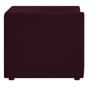 Natalia Mulberry Velvet Fabric Chair Maroon cube-shaped ottoman on a white background