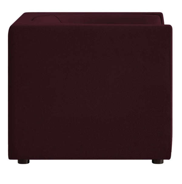 Natalia Mulberry Velvet Fabric Chair Maroon cube-shaped ottoman on a white background