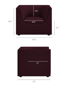 Natalia Mulberry Velvet Fabric Chair Dimensions of a maroon armchair on a white background