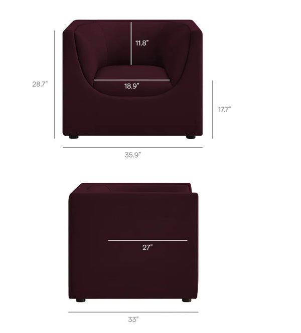 Natalia Mulberry Velvet Fabric Chair Dimensions of a maroon armchair on a white background