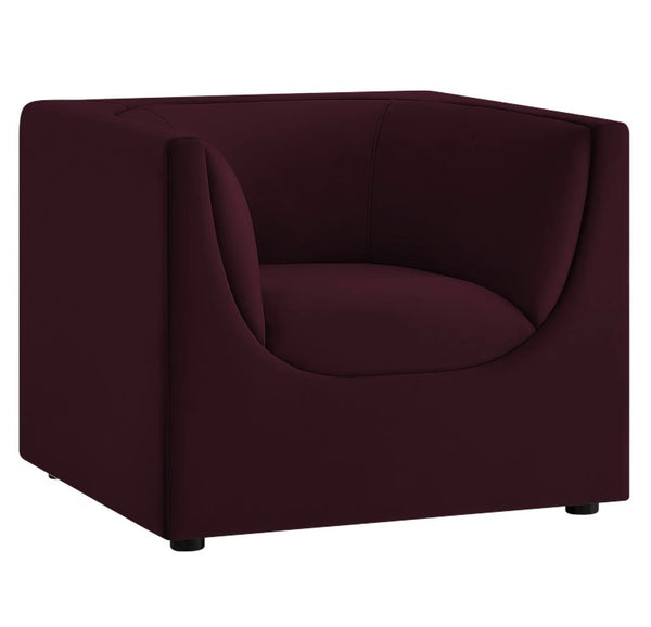 Natalia Mulberry Velvet Fabric Chair Maroon armchair on a white background