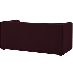Natalia Mulberry Velvet Fabric Loveseat Dark purple sofa on a white background