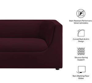 Natalia Mulberry Velvet Fabric Loveseat Burgundy sofa with design features listed on a white background