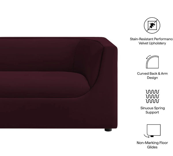 Natalia Mulberry Velvet Fabric Loveseat Burgundy sofa with design features listed on a white background