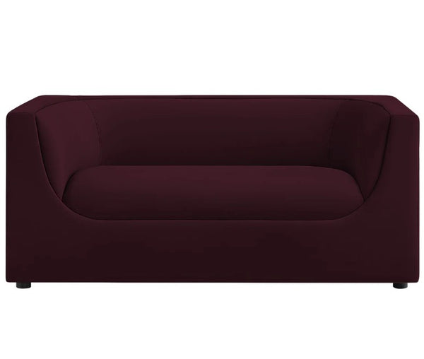 Natalia Mulberry Velvet Fabric Loveseat Maroon sofa on a white background