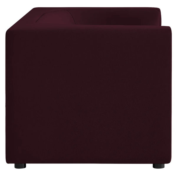 Natalia Mulberry Velvet Fabric Loveseat Maroon cube-shaped ottoman on a white background