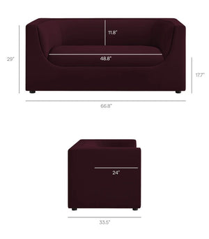 Natalia Mulberry Velvet Fabric Loveseat Dimensions of a burgundy sofa and ottoman on a white background