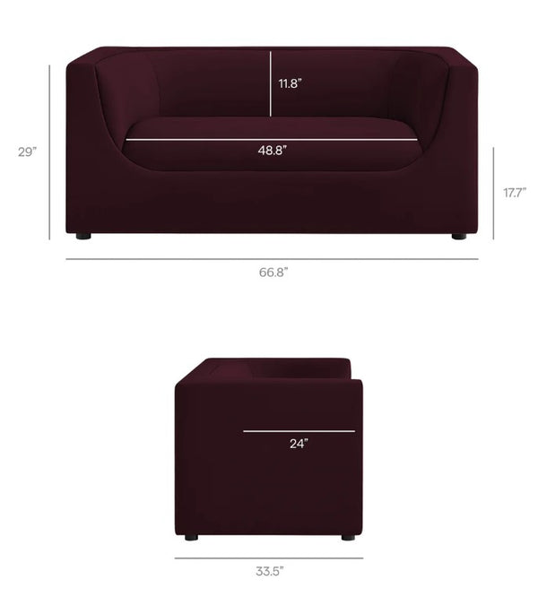 Natalia Mulberry Velvet Fabric Loveseat Dimensions of a burgundy sofa and ottoman on a white background