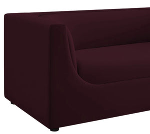 Natalia Mulberry Velvet Fabric Loveseat Maroon sofa on a white background