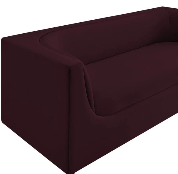 Natalia Mulberry Velvet Fabric Sofa Dark red sofa on a white background