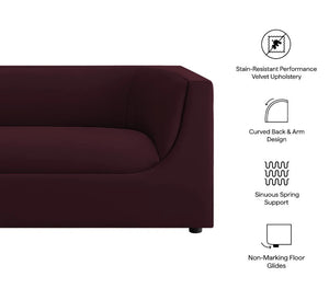Natalia Mulberry Velvet Fabric Sofa Burgundy sofa with design features listed on a white background