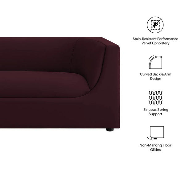 Natalia Mulberry Velvet Fabric Sofa Burgundy sofa with design features listed on a white background
