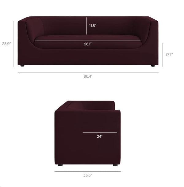 Natalia Mulberry Velvet Fabric Sofa Dimensions of a dark red sofa and armchair on a white background