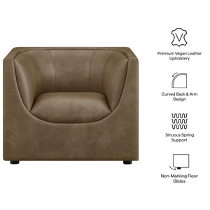 Natalia Premium Vegan Leather Chair Brown leather armchair with features listed on a white background