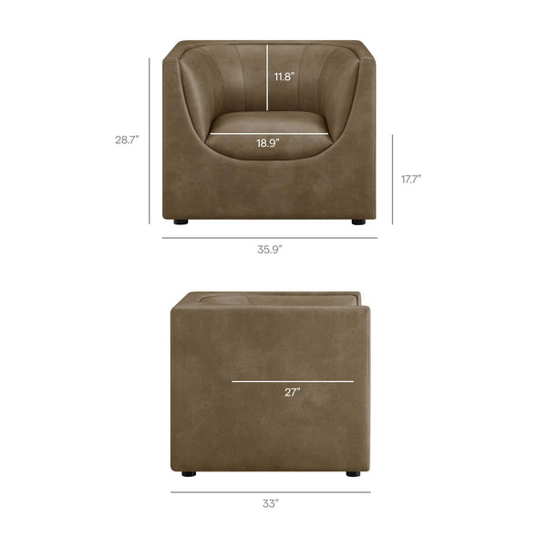 Natalia Premium Vegan Leather Chair Brown leather armchair with dimensions labeled on a white background