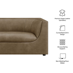 Natalia Premium Vegan Leather Loveseat Brown leather sofa with features listed on a white background
