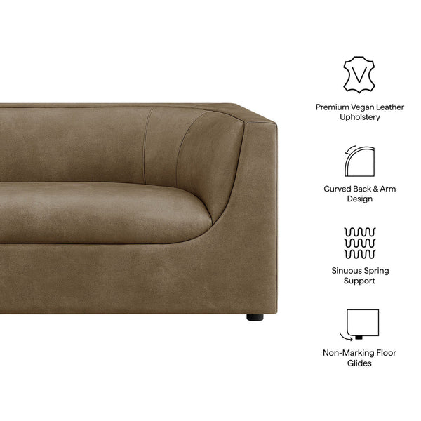 Natalia Premium Vegan Leather Loveseat Brown leather sofa with features listed on a white background