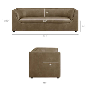 Natalia Premium Vegan Leather Loveseat Brown sofa with dimensions labeled on a white background