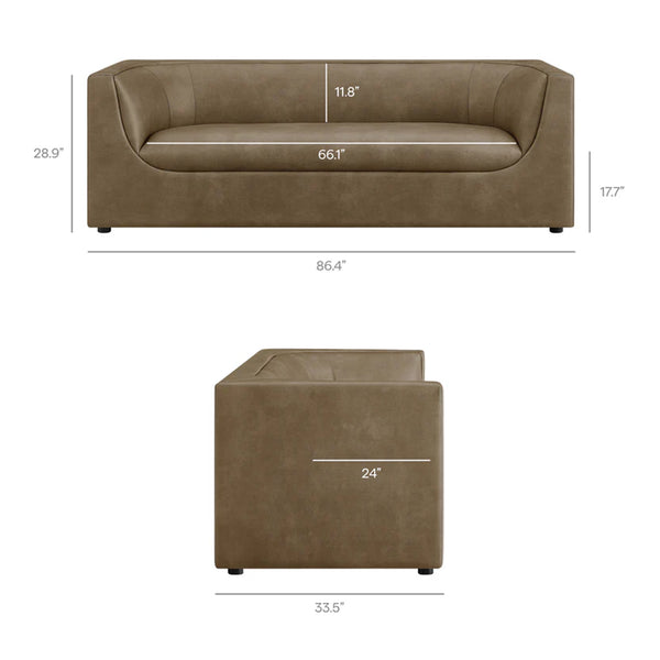 Natalia Premium Vegan Leather Sofa Brown leather sofa with dimensions on a white background