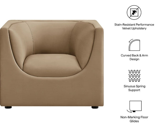 Natalia Taupe Velvet Fabric Chair Brown armchair with features listed on a white background