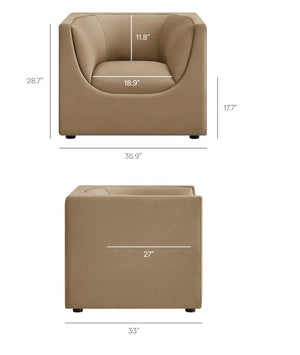 Natalia Taupe Velvet Fabric Chair Beige armchair with dimensions labeled on a white background