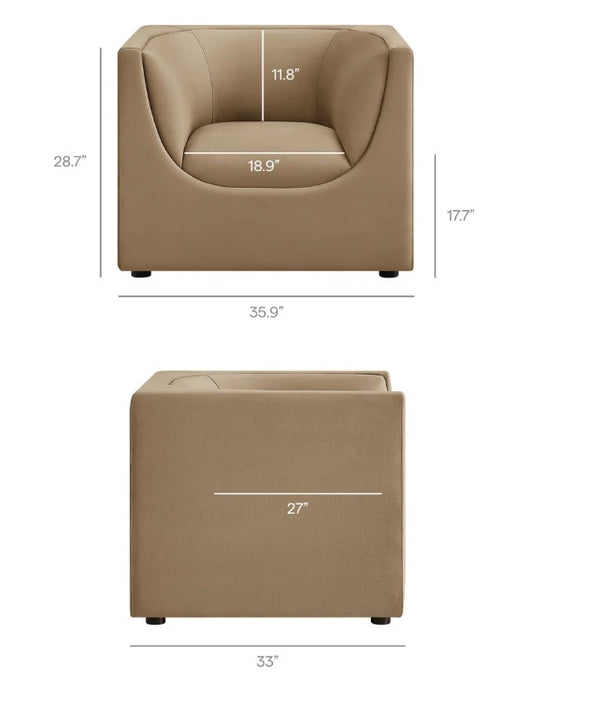 Natalia Taupe Velvet Fabric Chair Beige armchair with dimensions labeled on a white background
